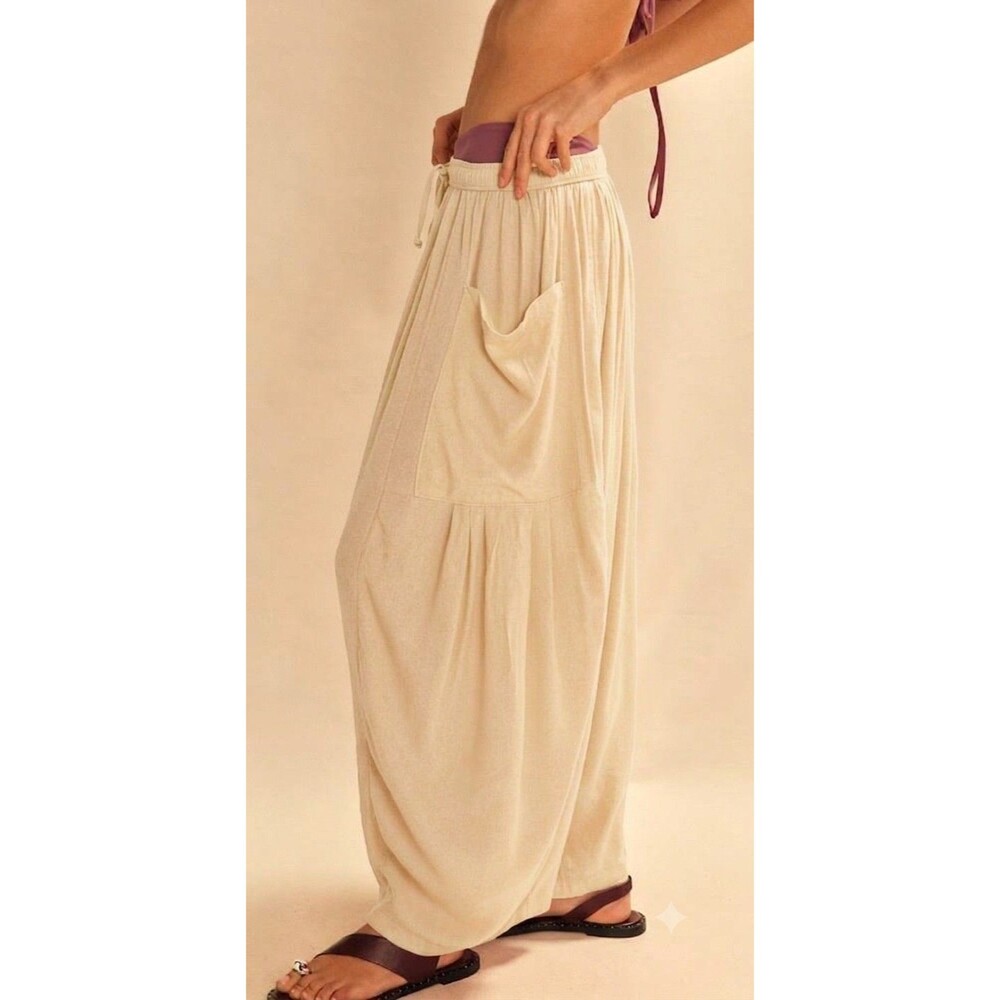 Free People Seed Pearl High Waisted Harem Pants Womens Linen Blend Beige Boho L